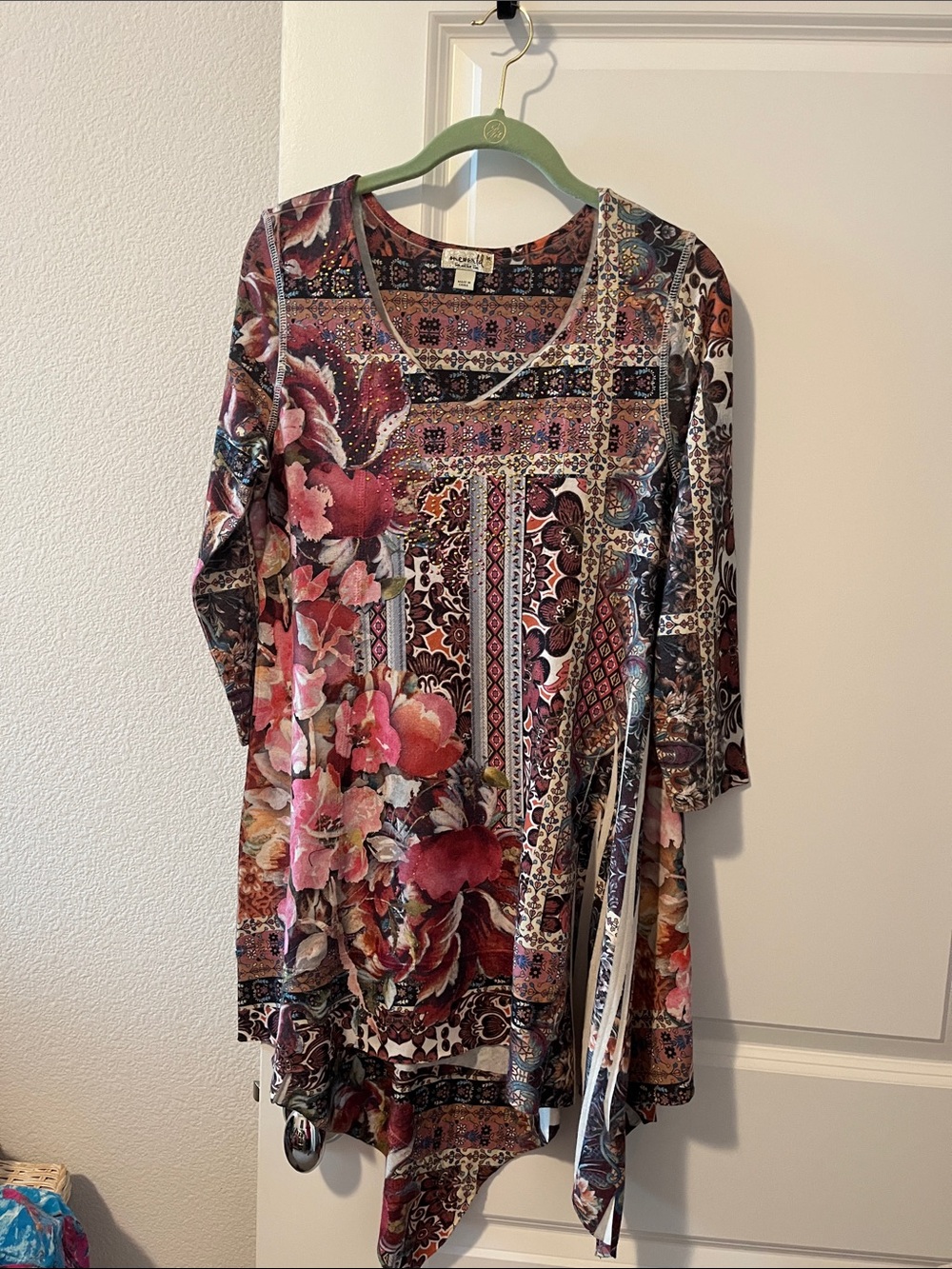 ONE WORLD Floral Patchwork Asymmetrical Dress - Pink & Burgundy